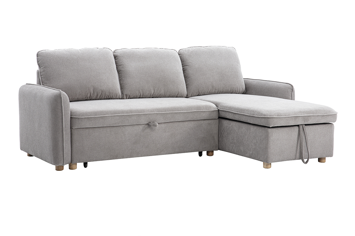Canap� d'angle convertible r�versible avec coffre 3 places en tissu chenille gris et bois clair ORSO