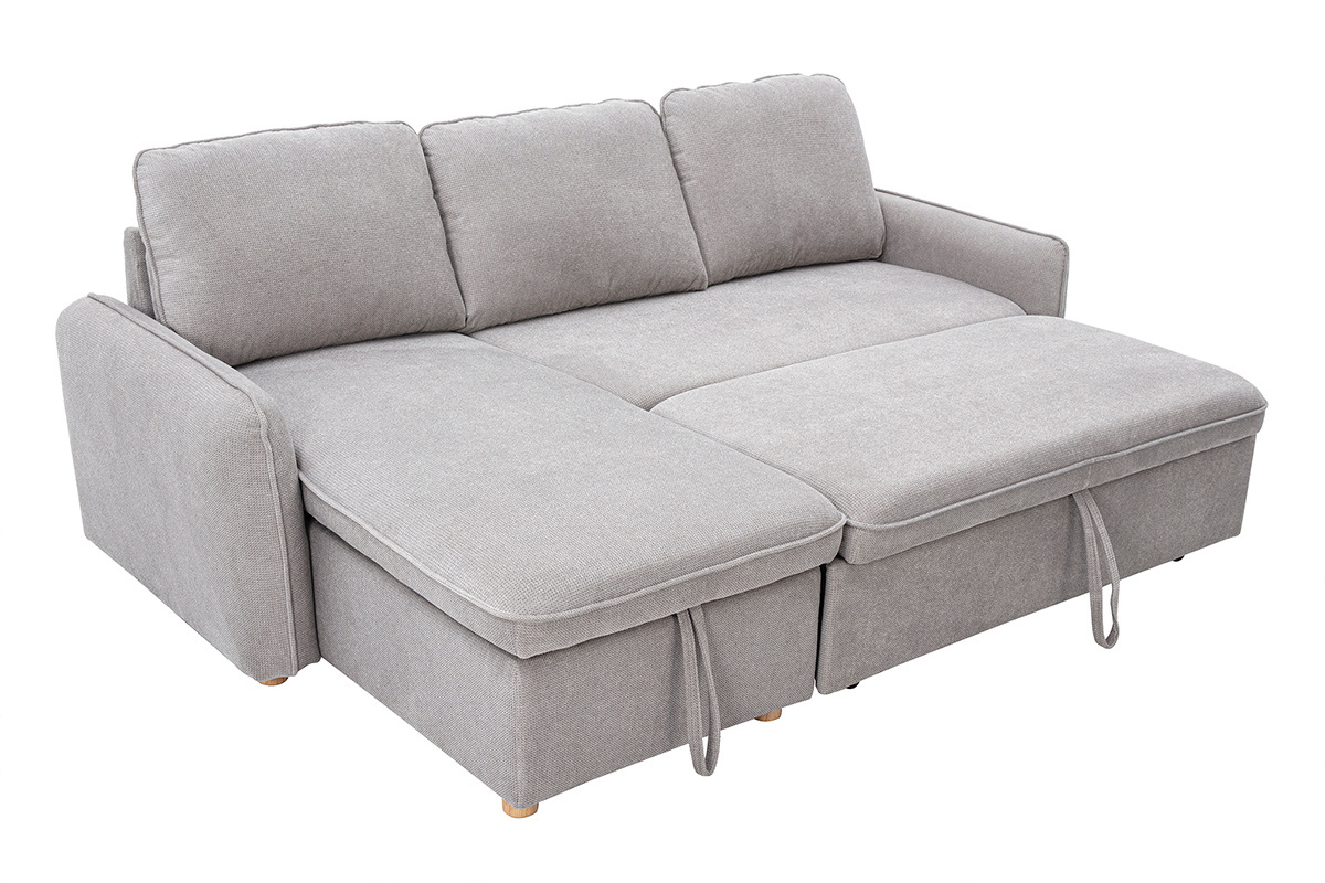 Canap� d'angle convertible r�versible avec coffre 3 places en tissu chenille gris et bois clair ORSO