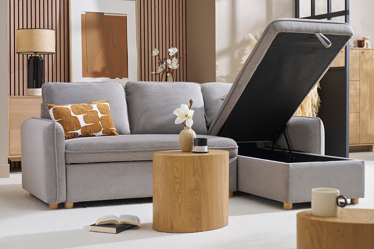 Canap� d'angle convertible r�versible avec coffre 3 places en tissu chenille gris et bois clair ORSO