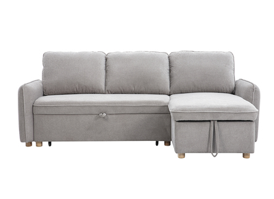 Canapé d'angle convertible réversible avec coffre 3 places en tissu chenille gris et bois clair ORSO