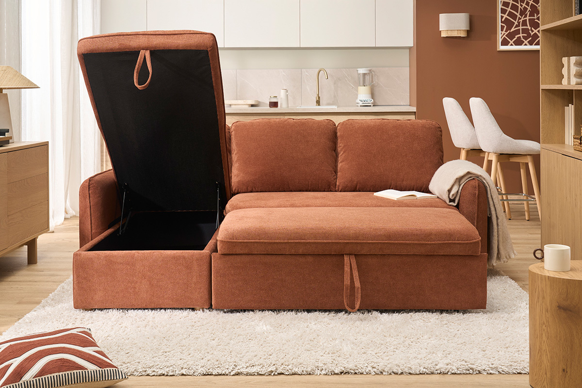 Canap� d'angle convertible r�versible avec coffre 3 places en tissu chenille terre br�l�e et bois clair ORSO