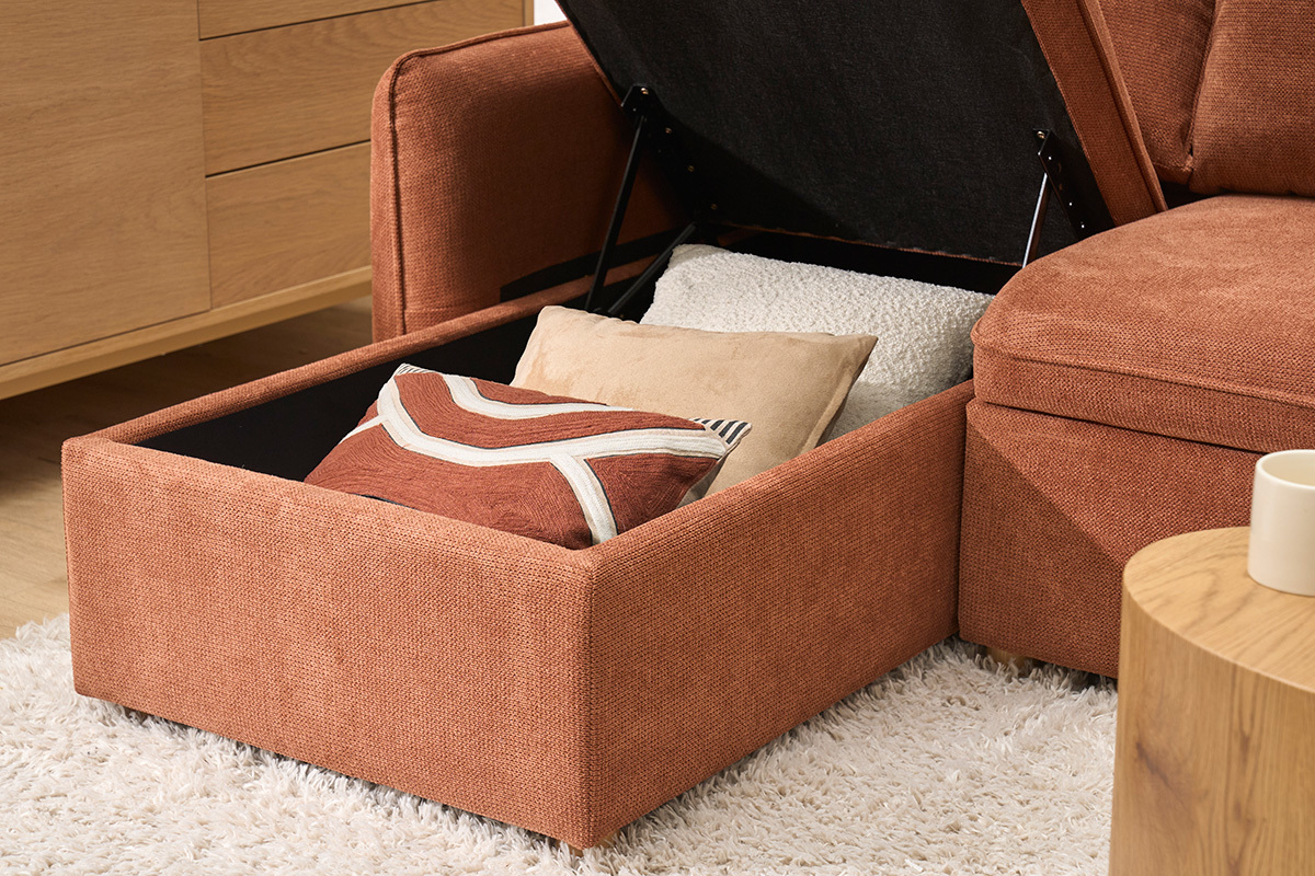 Canap� d'angle convertible r�versible avec coffre 3 places en tissu chenille terre br�l�e et bois clair ORSO