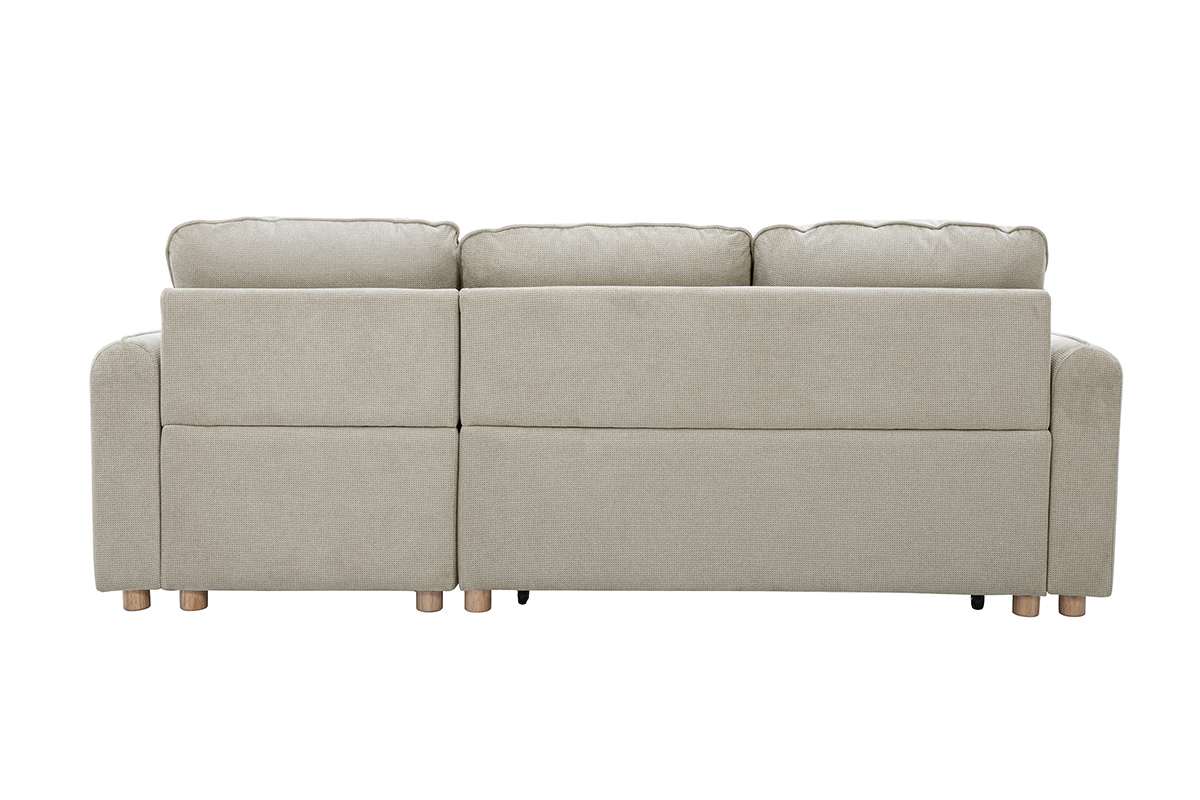 Canap d'angle convertible rversible avec coffre 3 places en tissu effet velours textur beige et bois clair ORSO