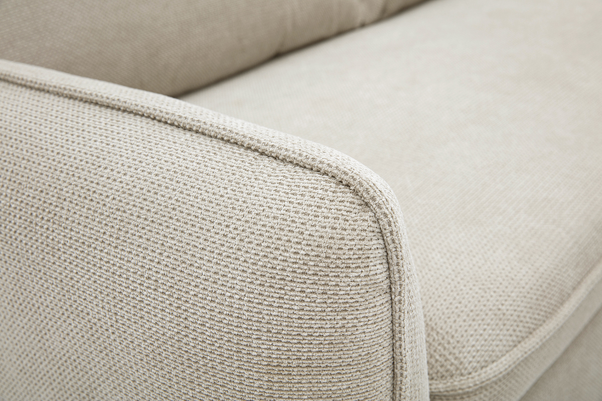 Canap d'angle convertible rversible avec coffre 3 places en tissu effet velours textur beige et bois clair ORSO