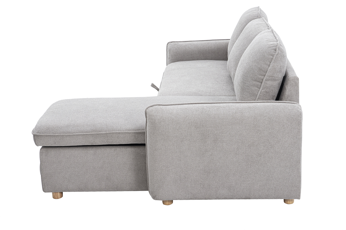 Canap d'angle convertible rversible avec coffre 3 places en tissu effet velours textur gris et bois clair ORSO