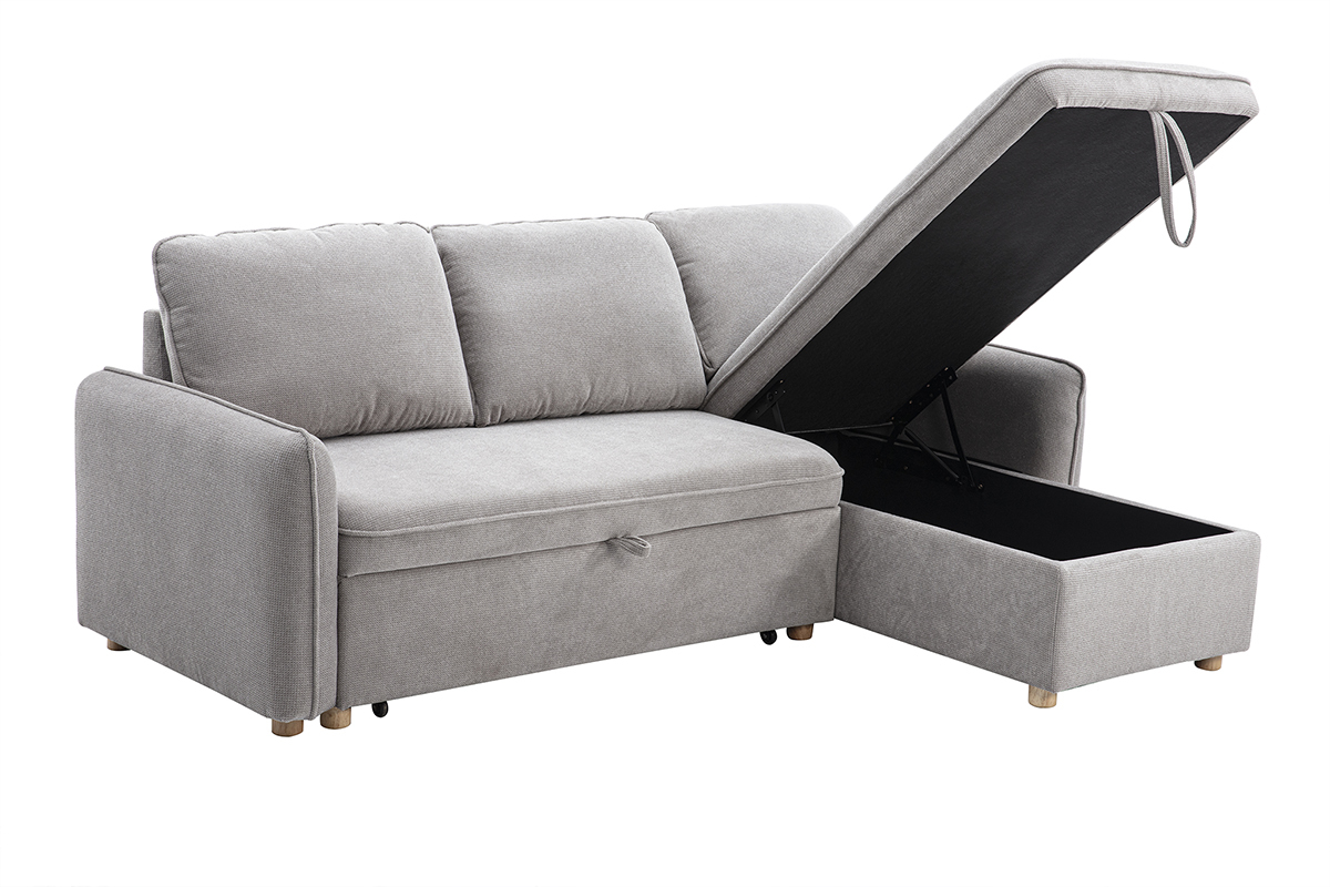 Canap d'angle convertible rversible avec coffre 3 places en tissu effet velours textur gris et bois clair ORSO
