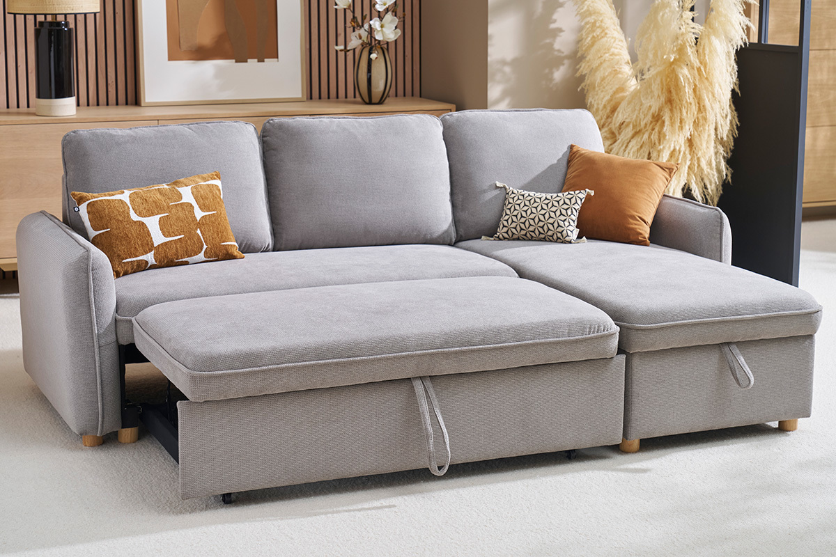 Canap d'angle convertible rversible avec coffre 3 places en tissu effet velours textur gris et bois clair ORSO