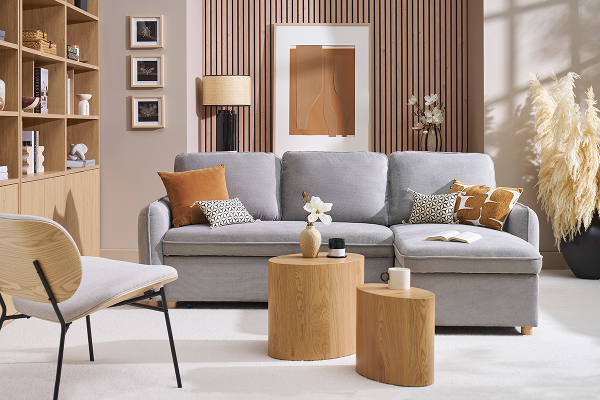 Canap d'angle convertible rversible avec coffre 3 places en tissu effet velours textur gris et bois clair ORSO