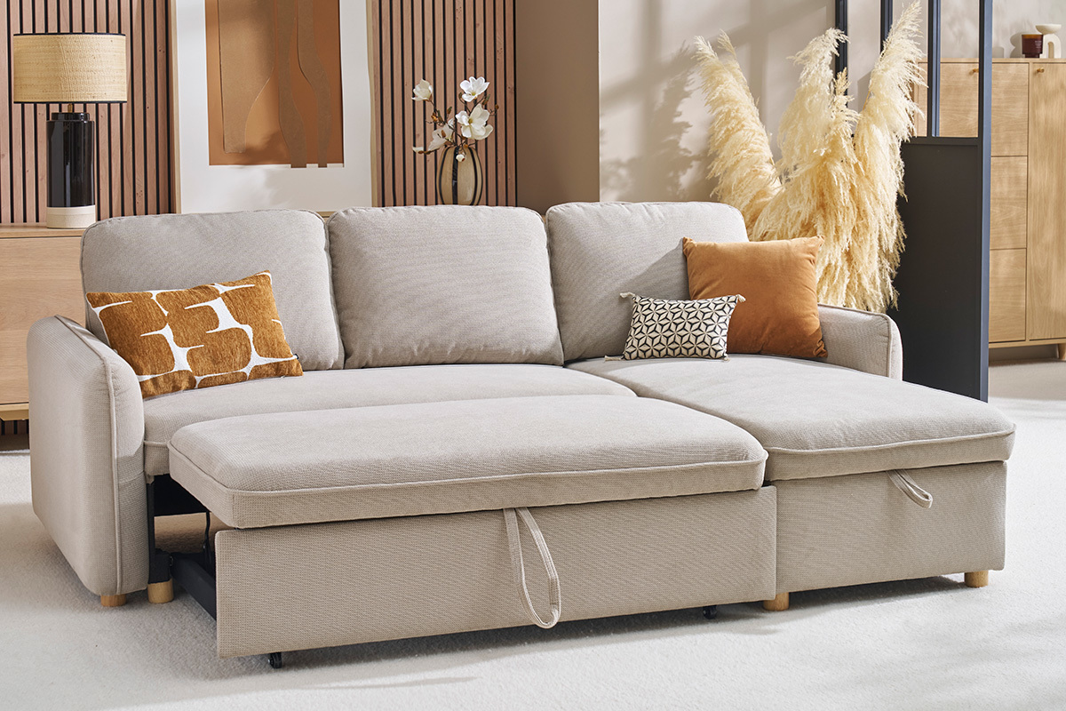 Canap d'angle convertible rversible avec coffre 3 places en tissu velours ctel beige et bois clair ORSO