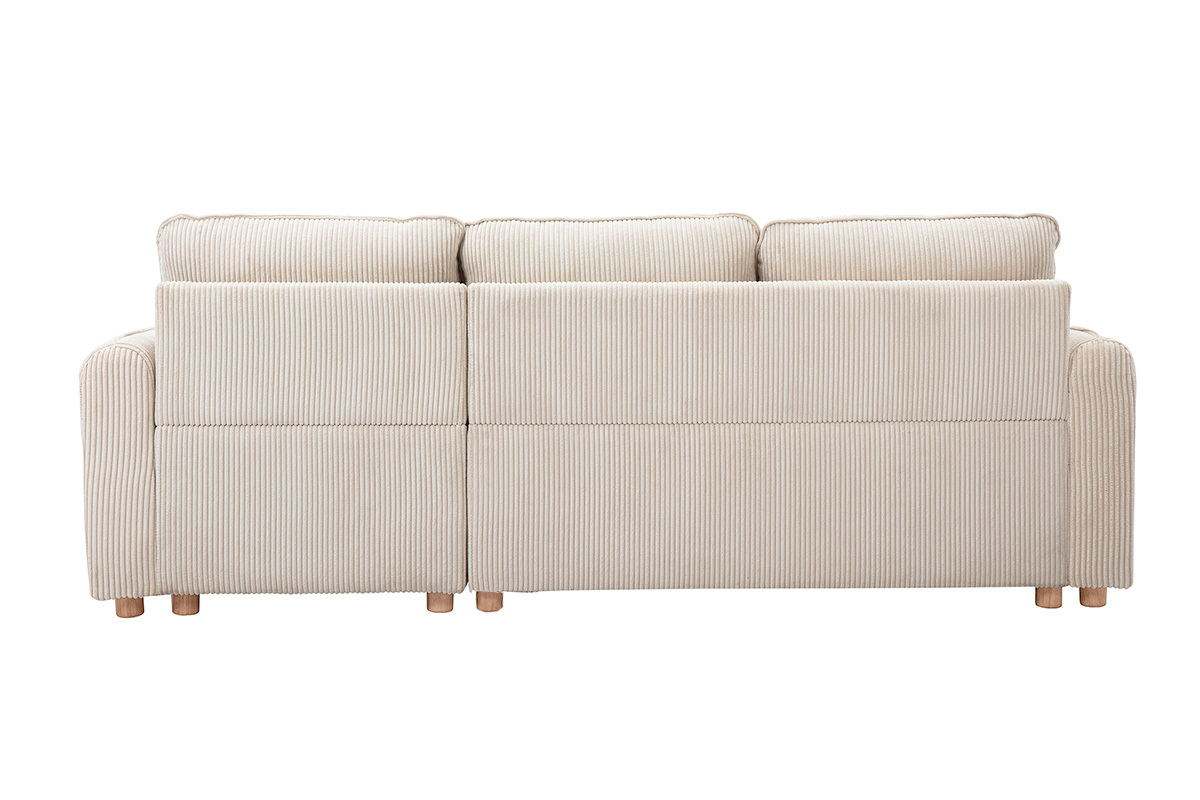 Canap d'angle convertible rversible avec coffre 3 places en tissu velours ctel beige et bois clair ORSO