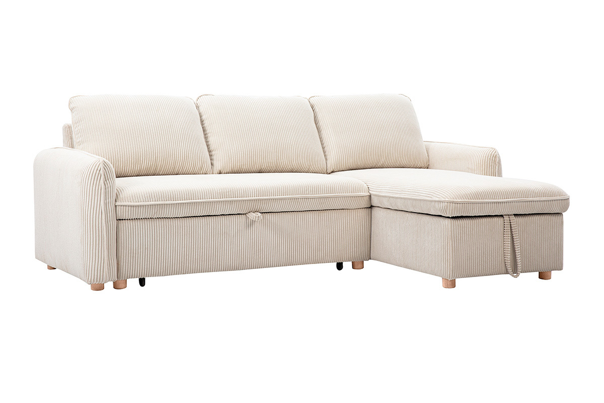 Canap d'angle convertible rversible avec coffre 3 places en tissu velours ctel beige et bois clair ORSO