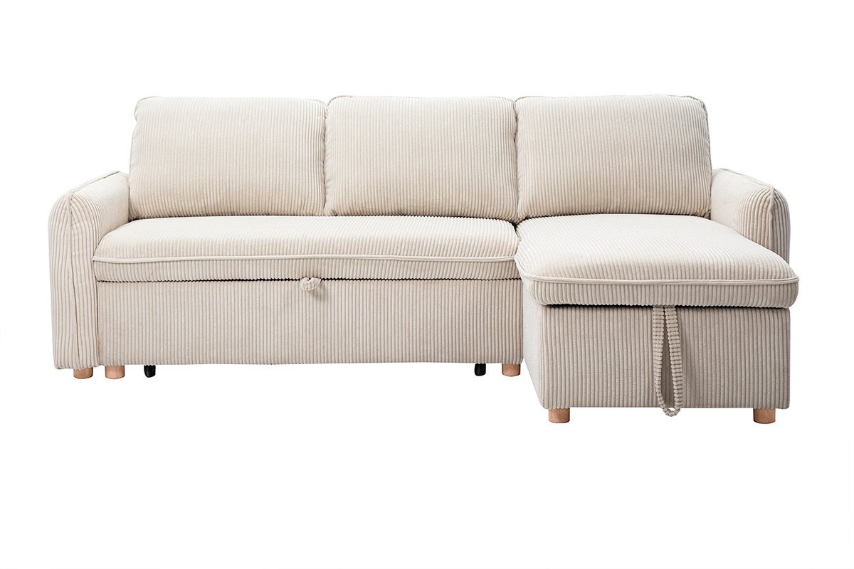 Canap d'angle convertible rversible avec coffre 3 places en tissu velours ctel beige et bois clair ORSO