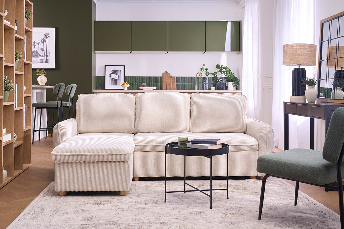 Canap� d'angle convertible r�versible avec coffre 3 places en tissu velours c�tel� beige et bois clair ORSO