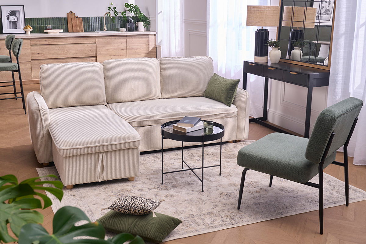 Canap� d'angle convertible r�versible avec coffre 3 places en tissu velours c�tel� beige et bois clair ORSO