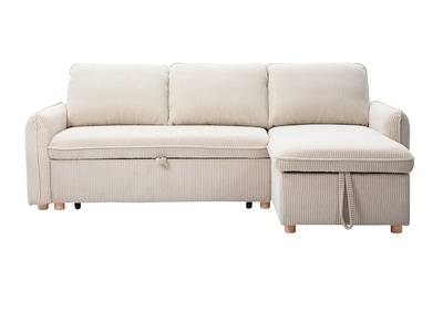 Canapé d'angle convertible réversible avec coffre 3 places en tissu velours côtelé beige et bois clair ORSO