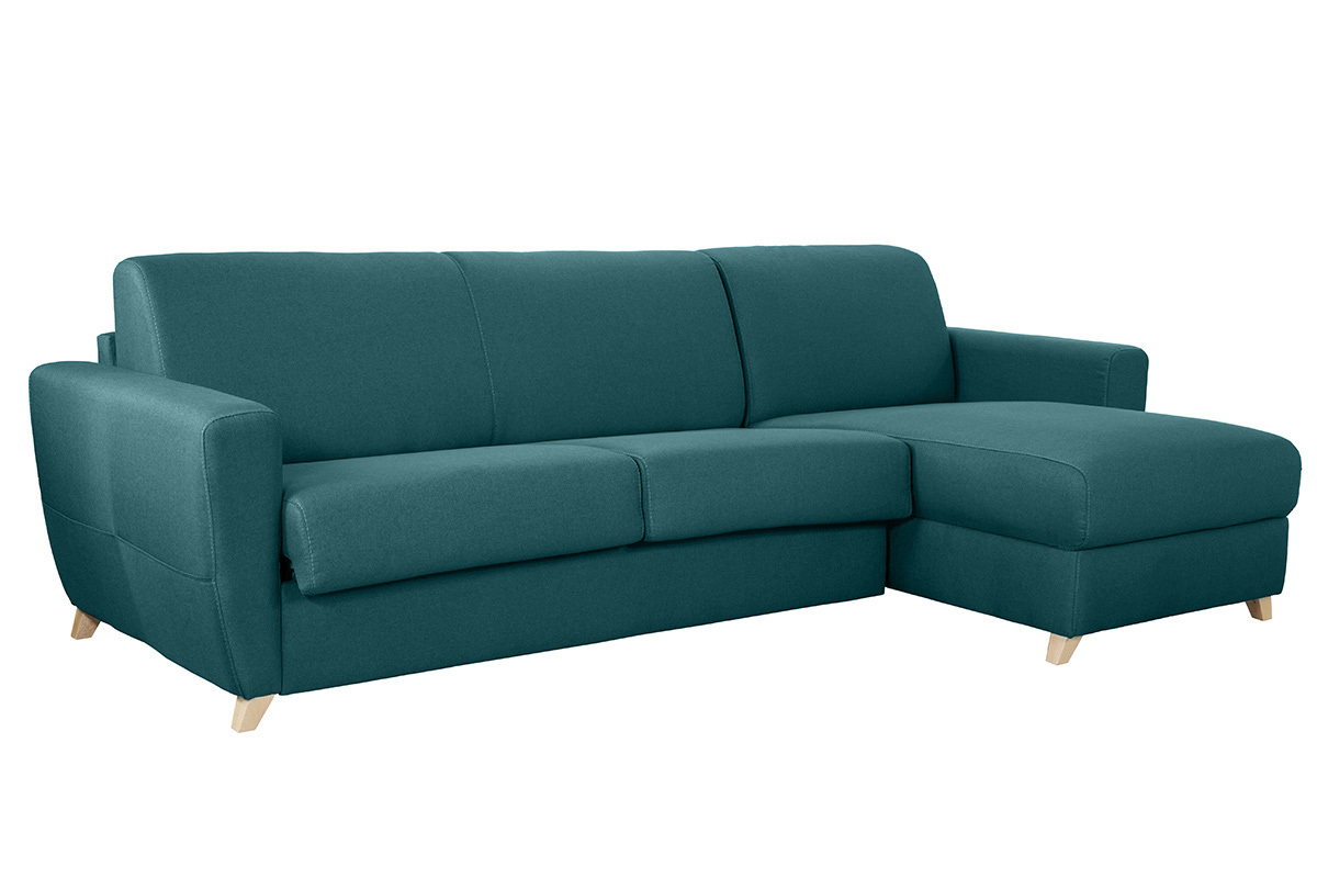 Canapé d'angle convertible réversible avec coffre 4 places en tissu bleu canard et bois clair GRAHAM
