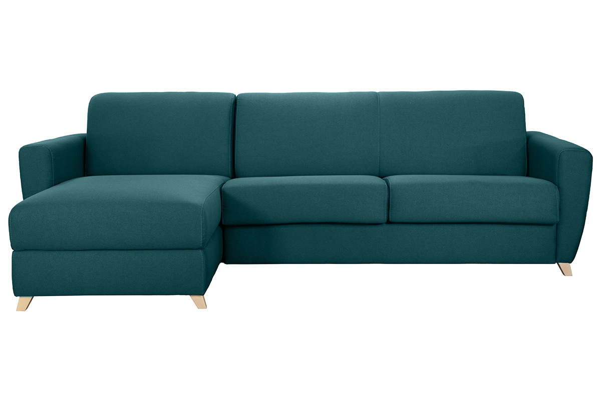 Canapé d'angle convertible réversible avec coffre 4 places en tissu bleu canard et bois clair GRAHAM