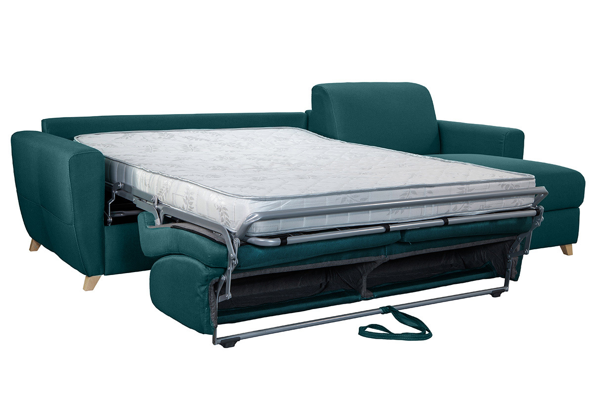 Canapé d'angle convertible réversible avec coffre 4 places en tissu bleu canard et bois clair GRAHAM