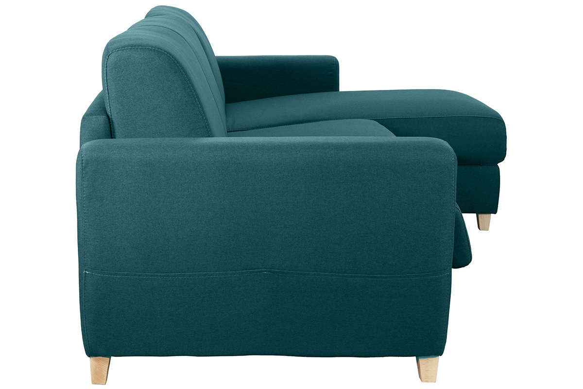 Canapé d'angle convertible réversible avec coffre 4 places en tissu bleu canard et bois clair GRAHAM