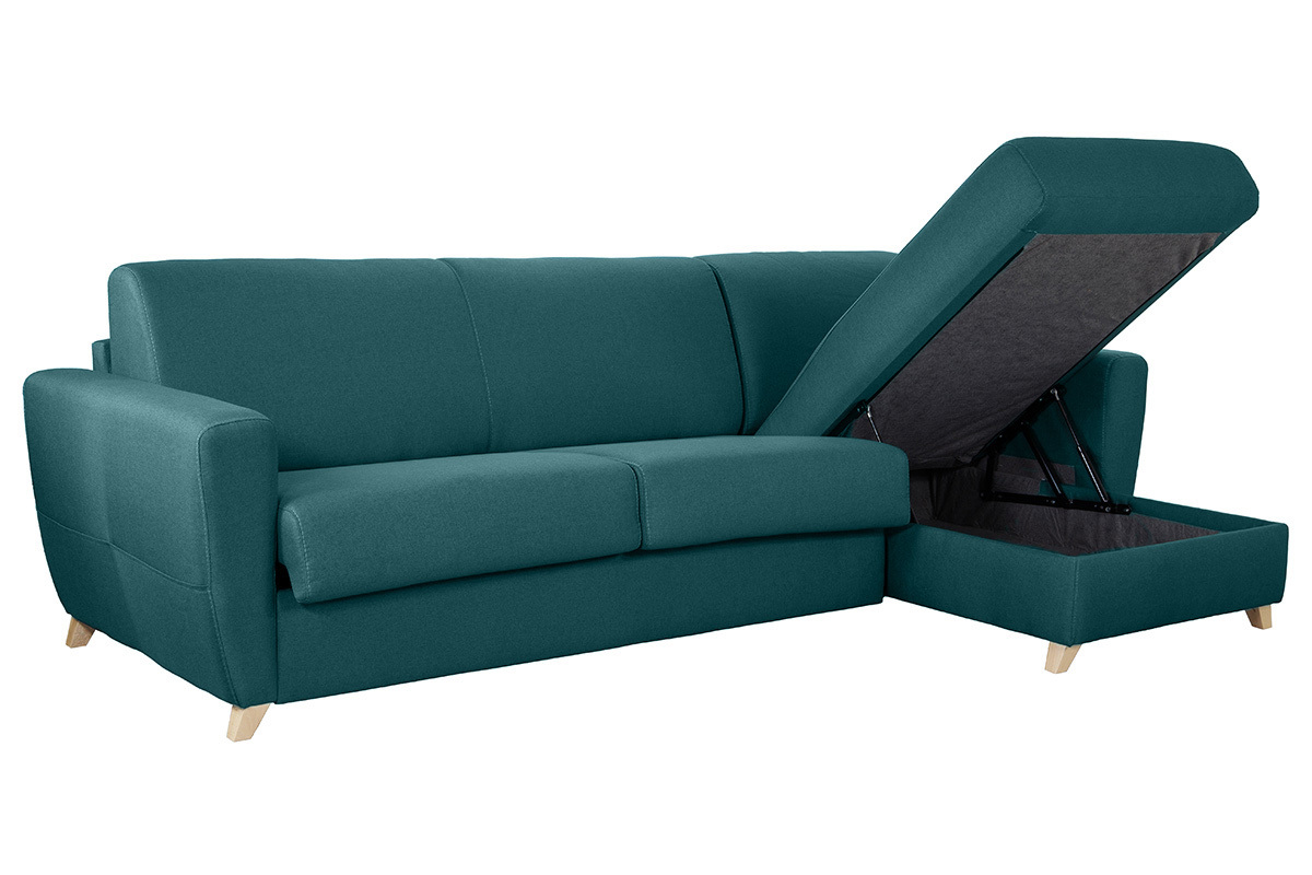 Canapé d'angle convertible réversible avec coffre 4 places en tissu bleu canard et bois clair GRAHAM