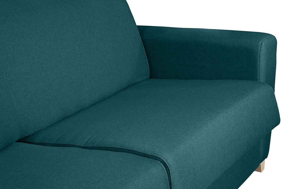 Canapé d'angle convertible réversible avec coffre 4 places en tissu bleu canard et bois clair GRAHAM