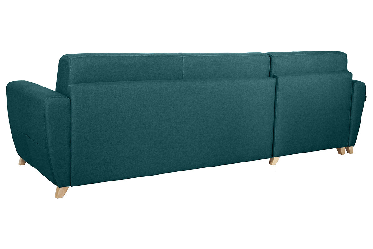 Canapé d'angle convertible réversible avec coffre 4 places en tissu bleu canard et bois clair GRAHAM