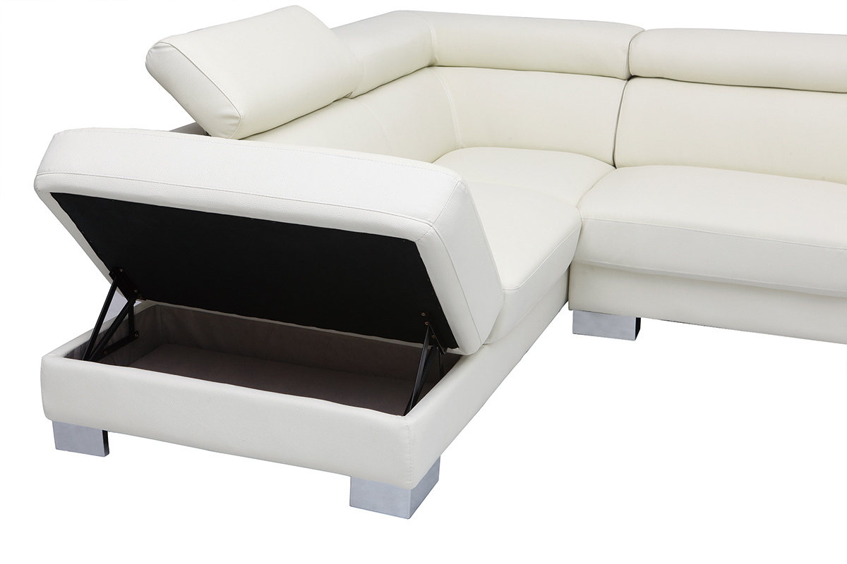 Canap� d'angle cuir avec coffre et t�ti�res ajustables blanc cass� FRANKLIN - cuir de buffle