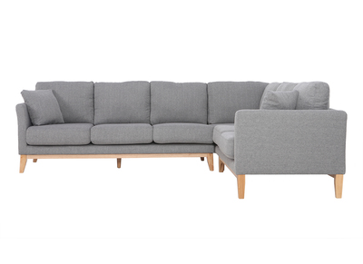 Canapé d'angle déhoussable scandinave 5-6 places en tissu gris clair et bois clair OSLO