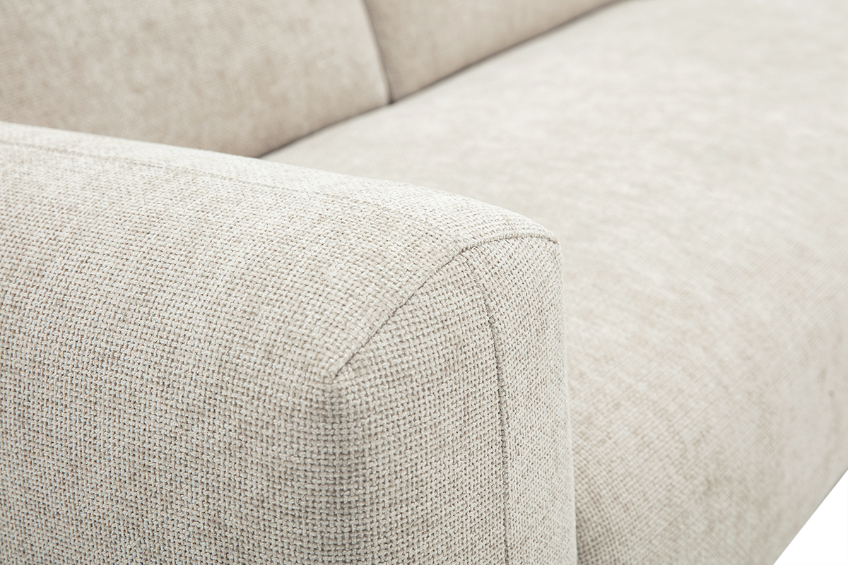 Canap� d'angle droit 3 places avec t�ti�res ajustables en tissu effet velours textur� beige et bois clair HORACIO