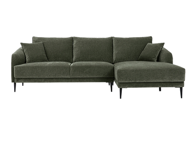 Canap&eacute; d'angle droit 3 places en tissu effet velours textur&eacute; vert kaki et m&eacute;tal noir JERRY