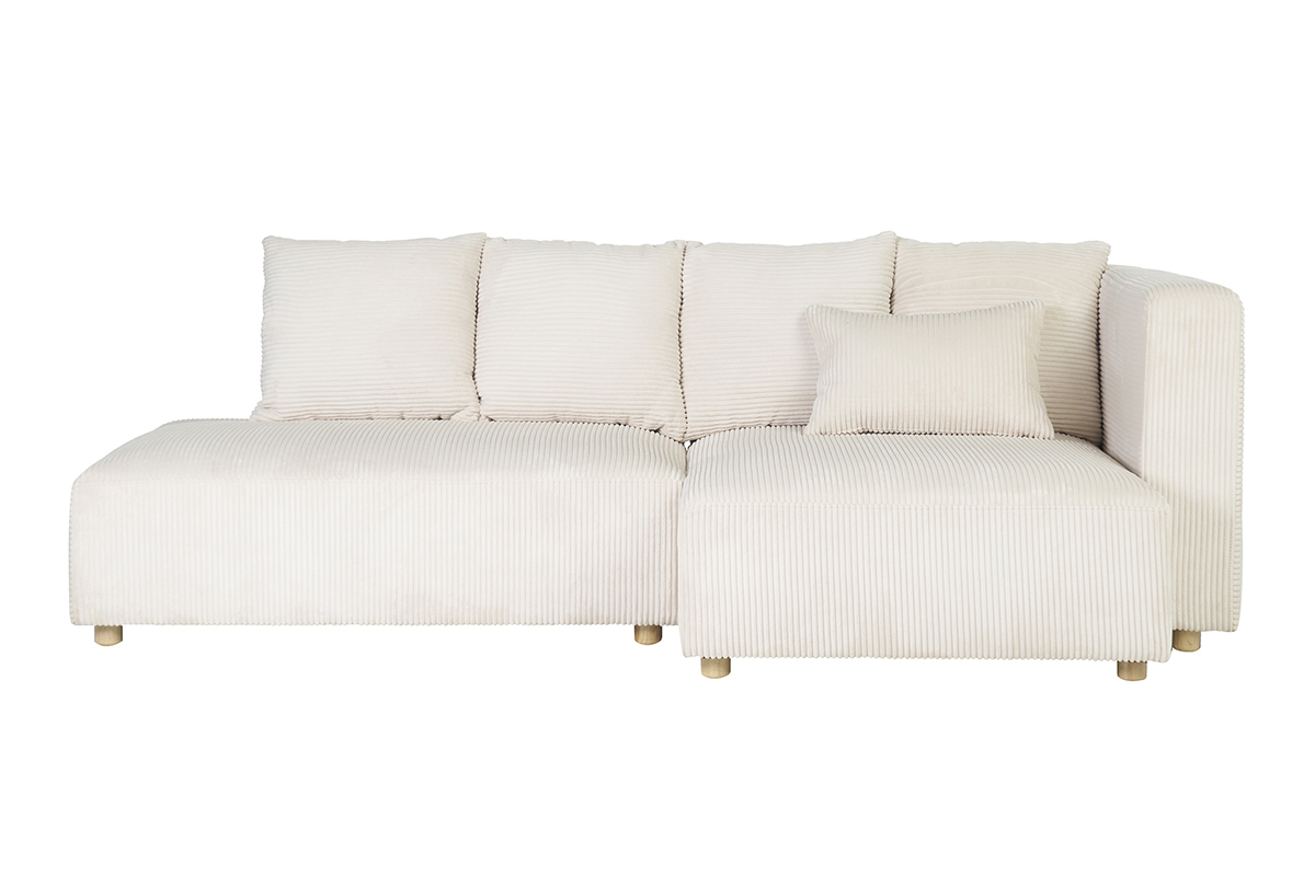 Canap d'angle droit 3 places en tissu velours ctel beige et bois clair HARLEM