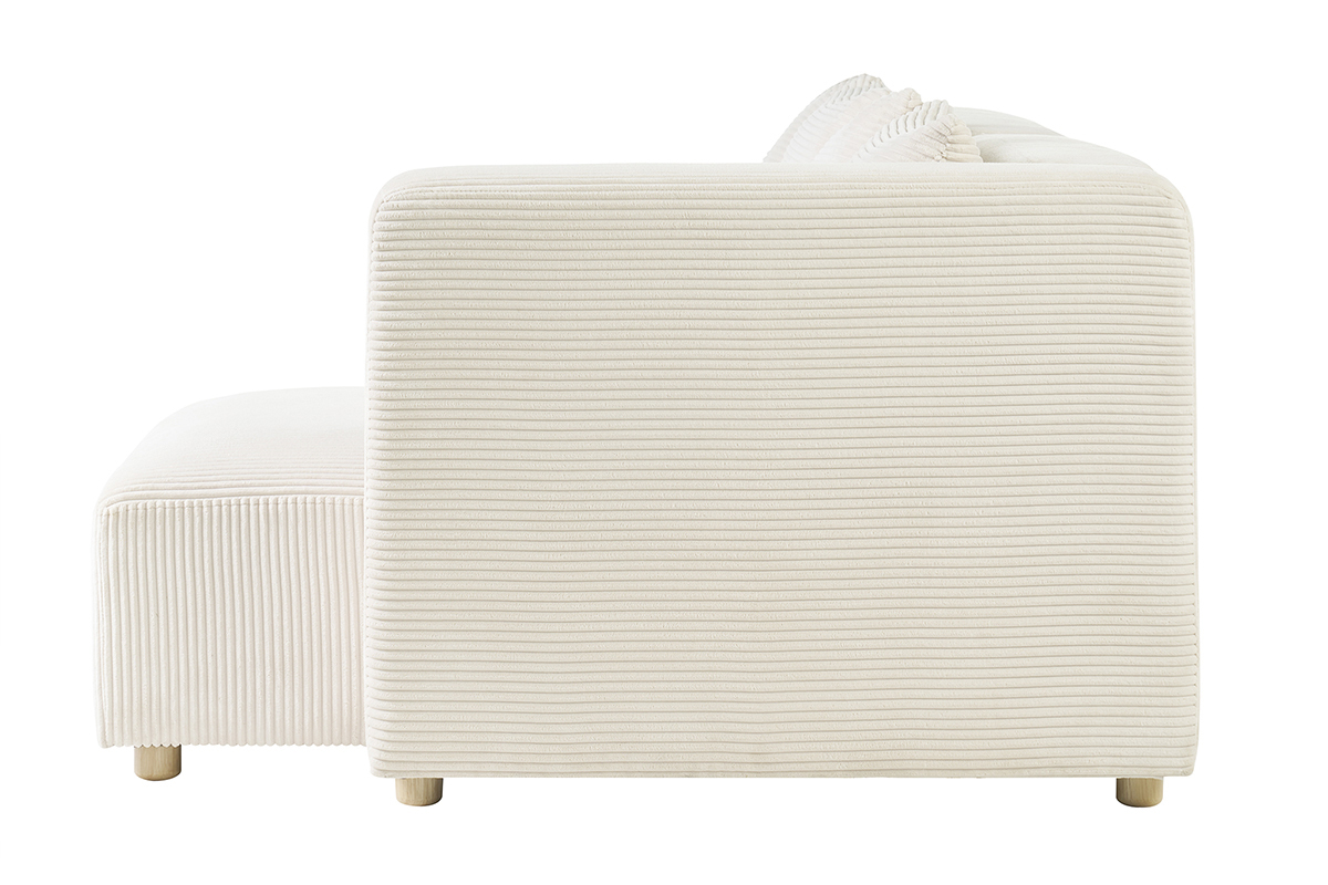 Canap d'angle droit 3 places en tissu velours ctel beige et bois clair HARLEM