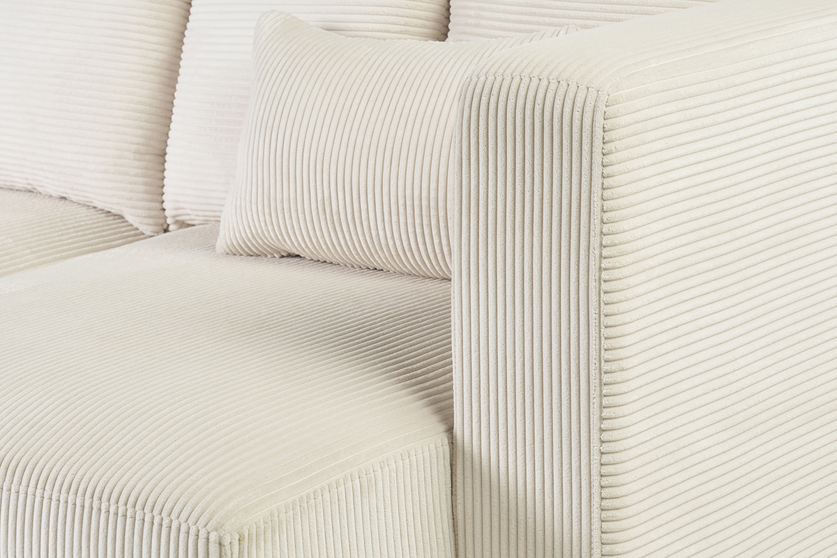 Canap d'angle droit 3 places en tissu velours ctel beige et bois clair HARLEM