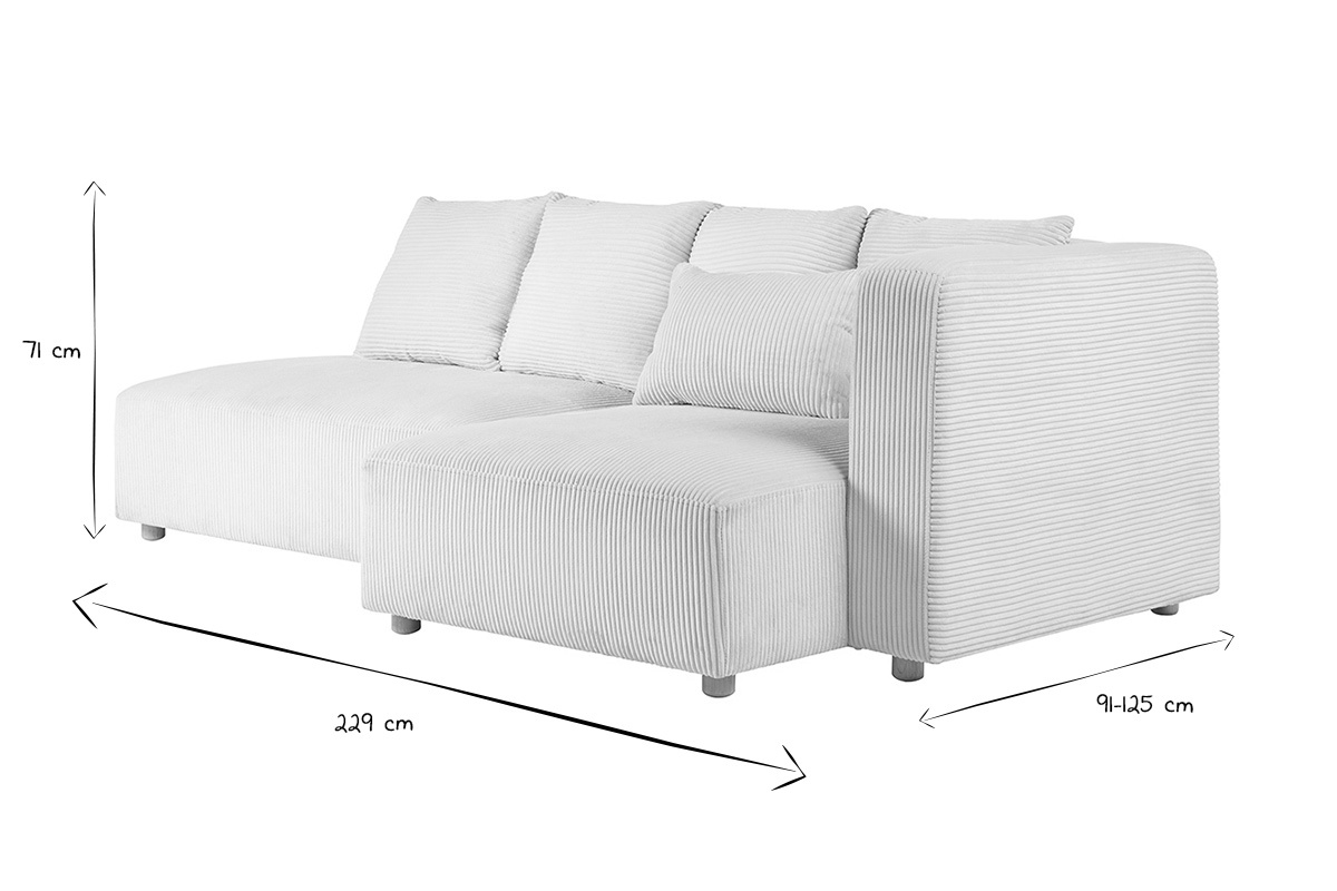 Canap d'angle droit 3 places en tissu velours ctel beige et bois clair HARLEM