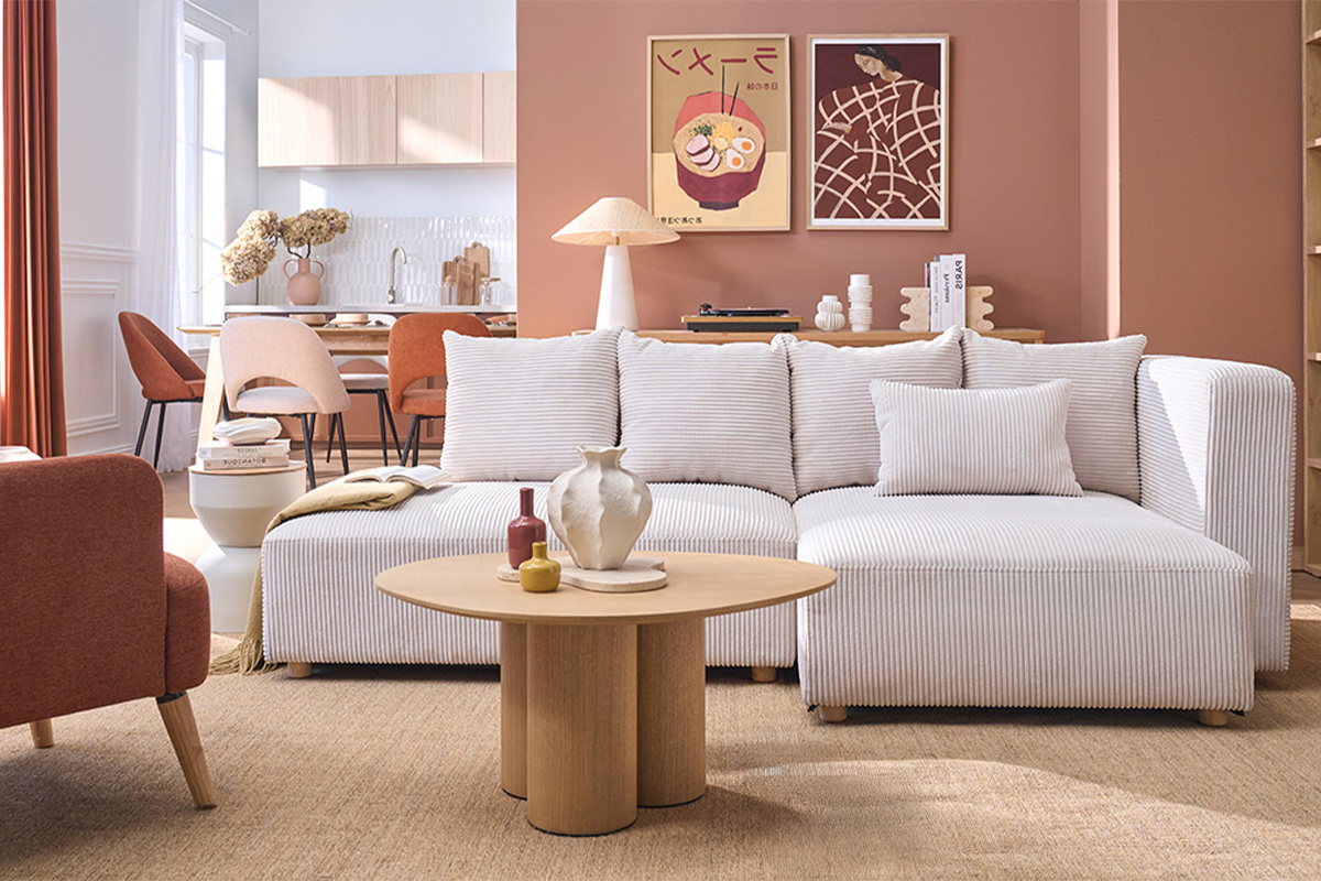 Canap� d'angle droit 3 places en tissu velours c�tel� beige et bois clair HARLEM