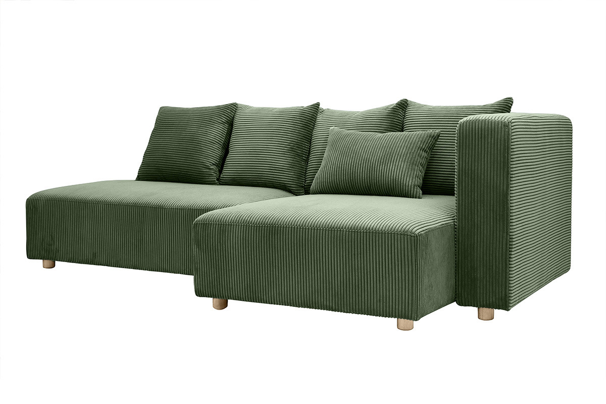 Canap d'angle droit 3 places en tissu velours ctel vert kaki et bois clair HARLEM