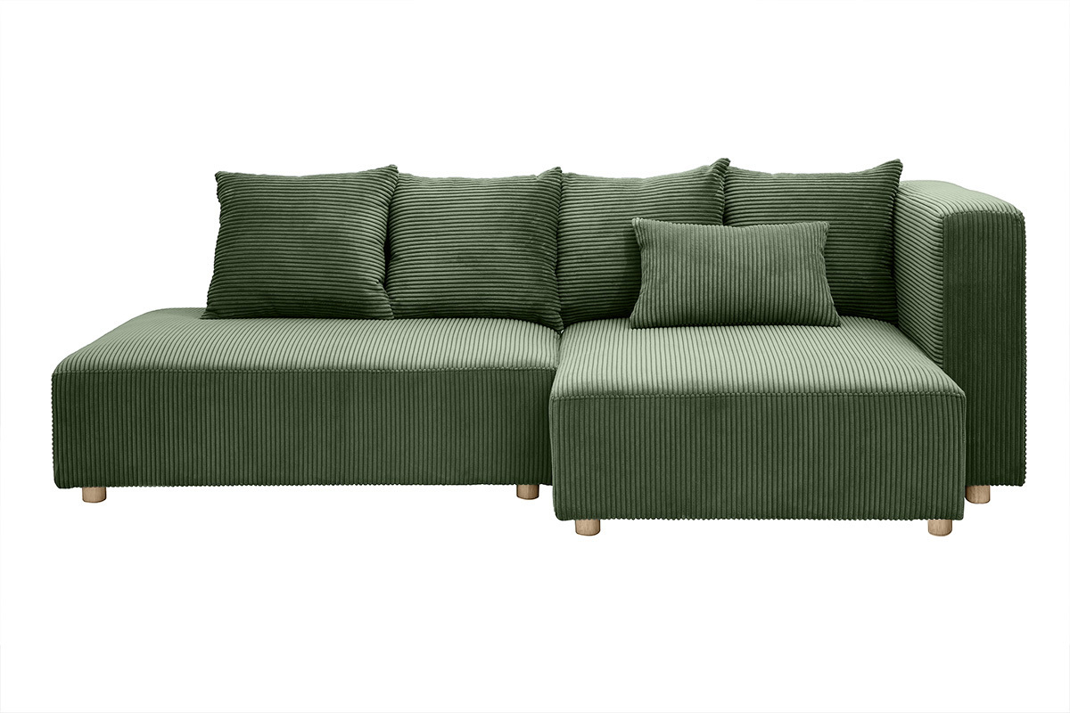 Canap d'angle droit 3 places en tissu velours ctel vert kaki et bois clair HARLEM