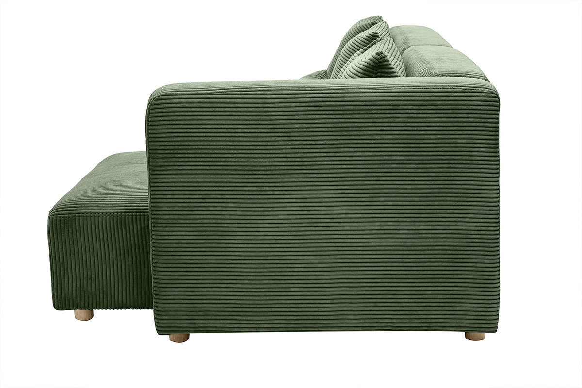 Canap d'angle droit 3 places en tissu velours ctel vert kaki et bois clair HARLEM