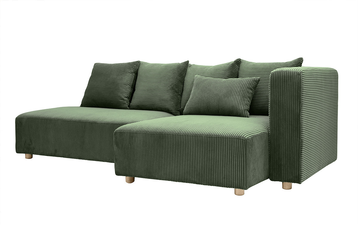 Canap d'angle droit 3 places en tissu velours ctel vert kaki et bois clair HARLEM