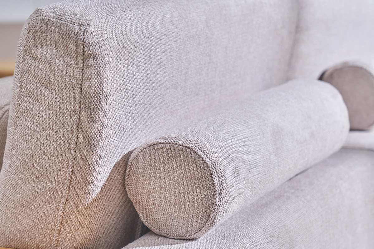 Canap d'angle droit 5 places avec rangements en tissu effet velours textur beige et bois clair KOMAO