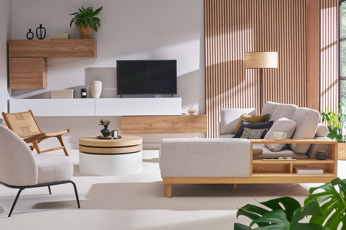 Canap d'angle droit 5 places avec rangements en tissu effet velours textur beige et bois clair KOMAO