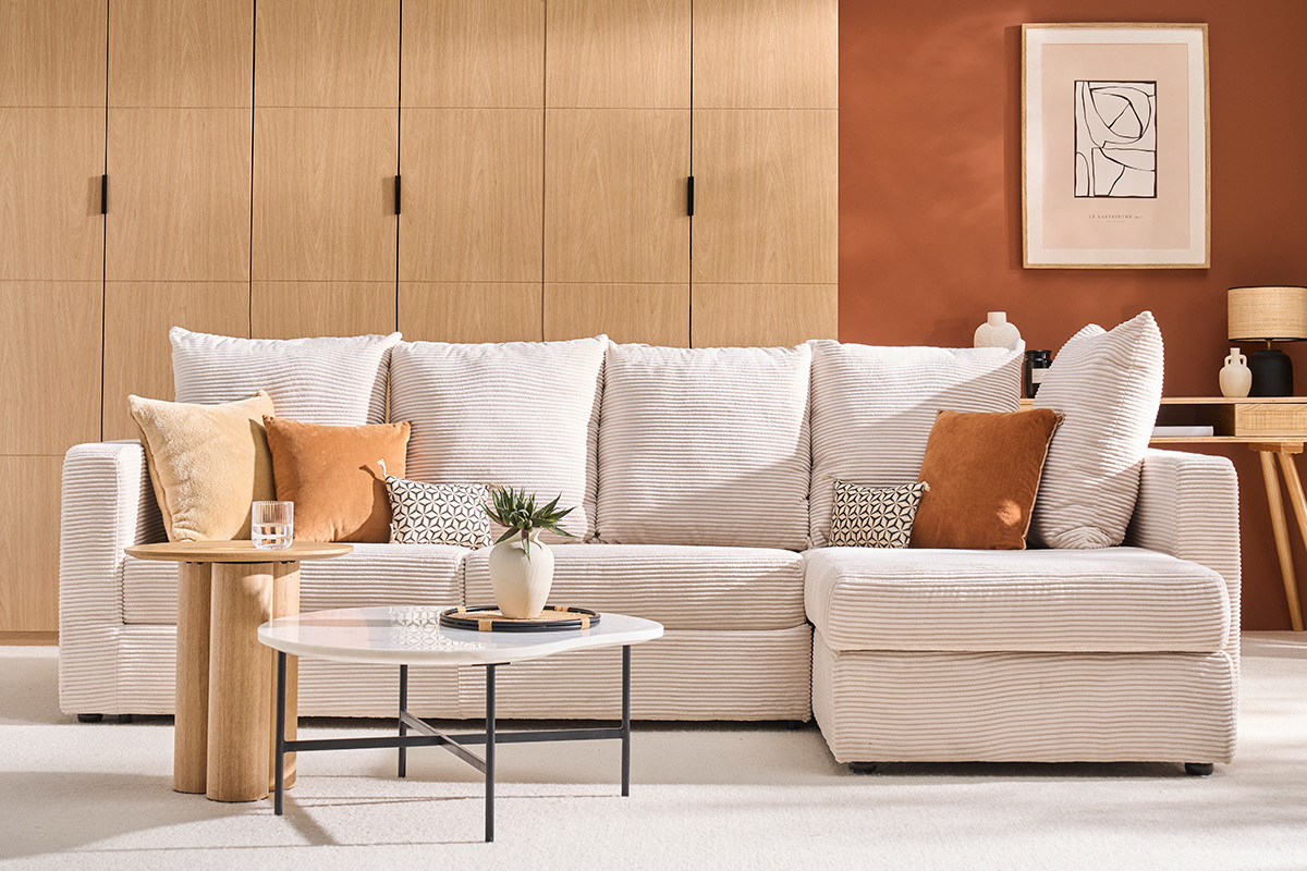 Canap d'angle droit convertible 4 places en tissu velours ctel beige avec matelas 13 cm BACIO