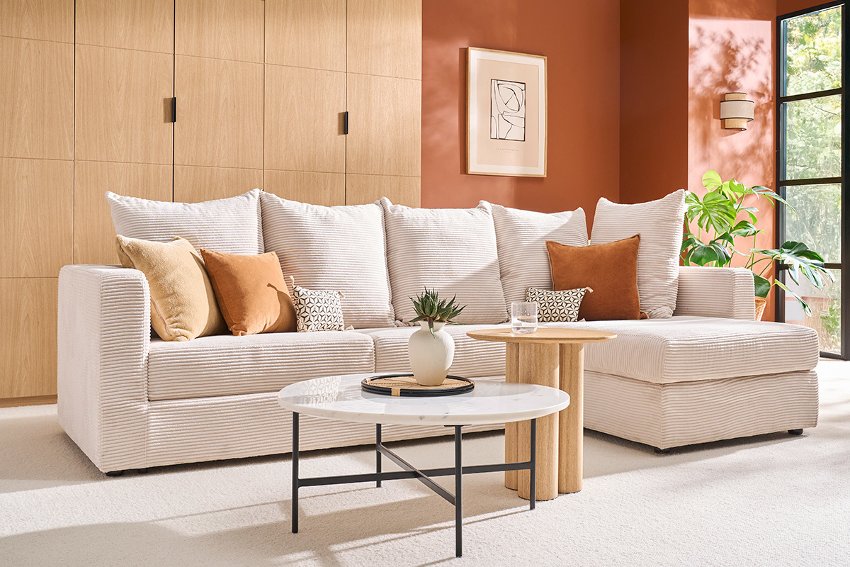 Canap d'angle droit convertible 4 places en tissu velours ctel beige avec matelas 13 cm BACIO