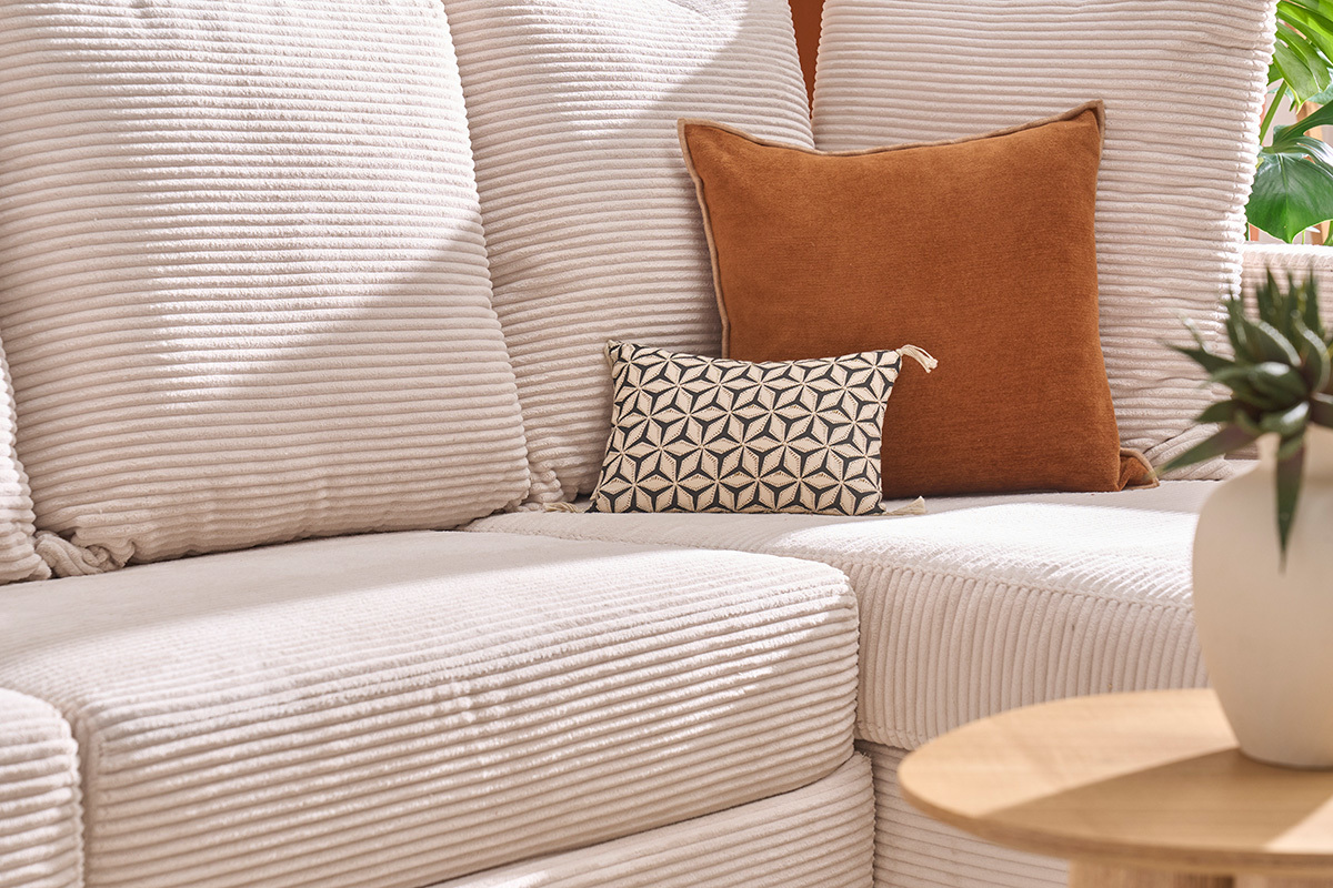 Canap d'angle droit convertible 4 places en tissu velours ctel beige avec matelas 13 cm BACIO