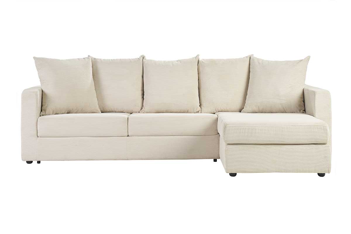 Canap d'angle droit convertible 4 places en tissu velours ctel beige avec matelas 13 cm BACIO
