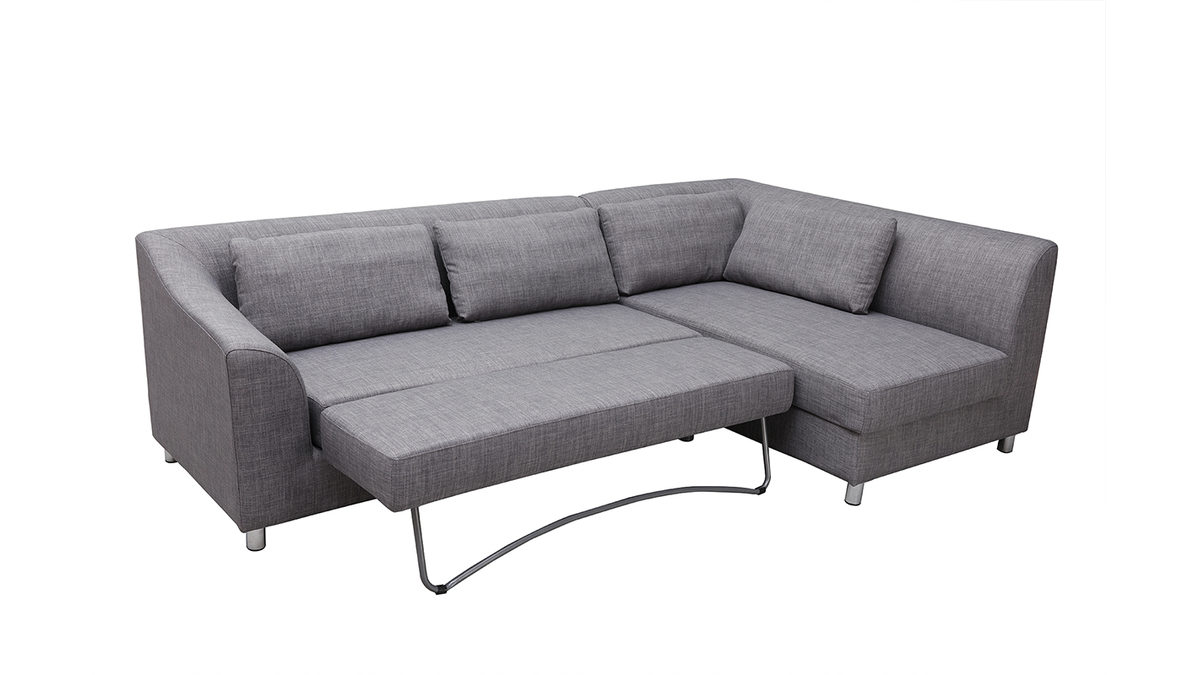 Canap d'angle droit convertible avec coffre en tissu gris et acier chrom MIAMI