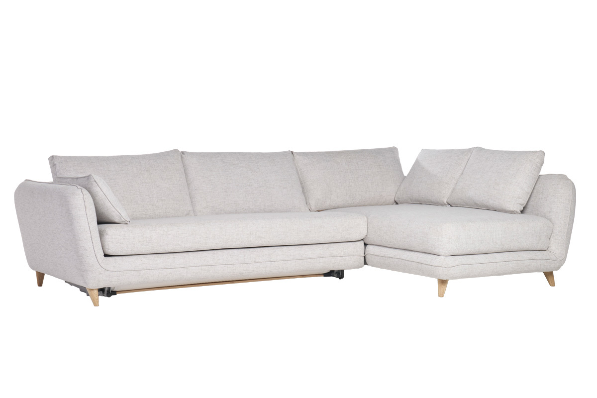 Canap d'angle droit convertible scandinave 5 places en tissu gris clair chin et bois clair CREEP