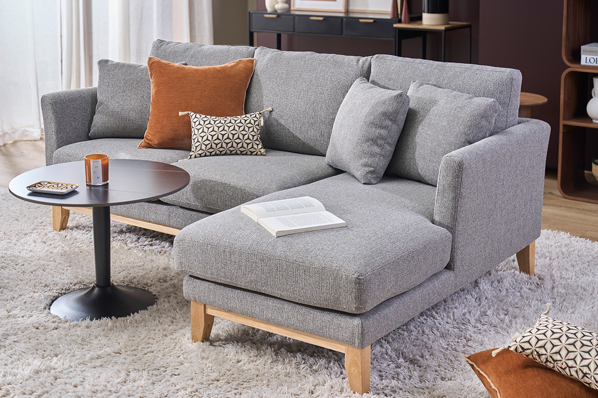 Canap� d'angle droit d�houssable scandinave 4 places en tissu gris clair et bois clair OSLO
