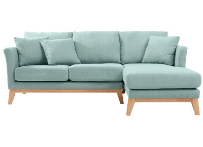 Canapé d'angle droit déhoussable scandinave 4 places en tissu vert lagon et bois clair OSLO