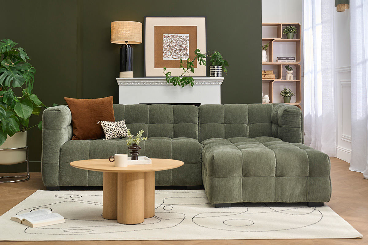 Canap� d'angle droit design 3 places en tissu effet velours vert kaki CORTO